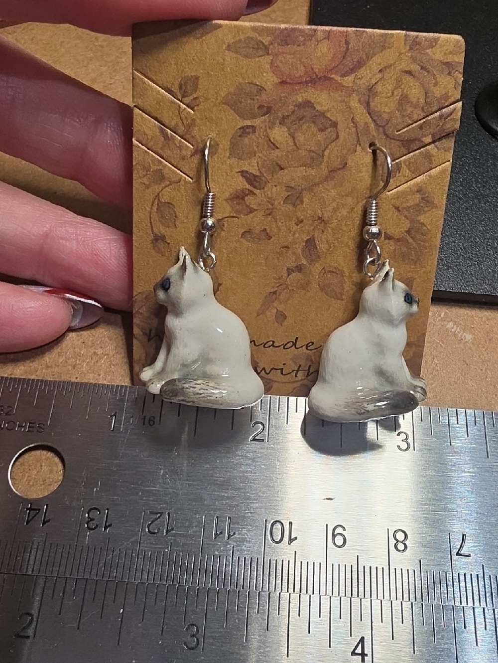 White Cat Drop Earrings — Handcrafted Ceramic Cat Charm Earrings
